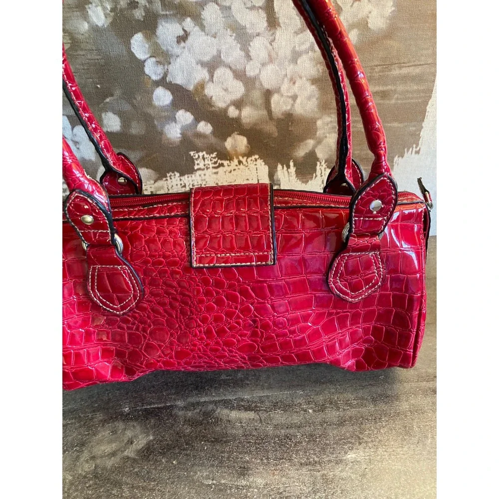 Strada Red Croc Embossed Faux Leather Satchel Handbag with Matching Coin Purse